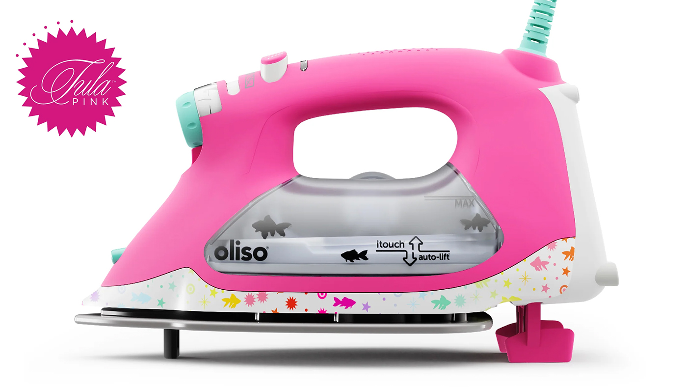 Ferro auto elevador Oliso SmartIron ProPlus Tula Pink — vista geral do ferro rosa para quilting e costura
