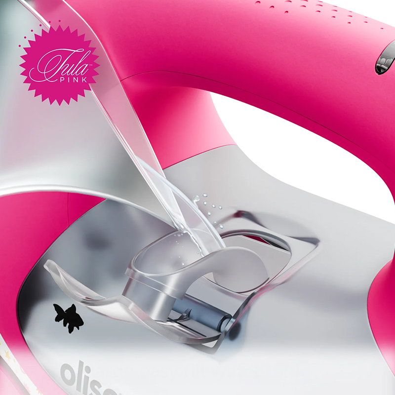 Enchimento lateral do reservatório de 375 ml do ferro Oliso SmartIron ProPlus Tula Pink com copo flip funnel