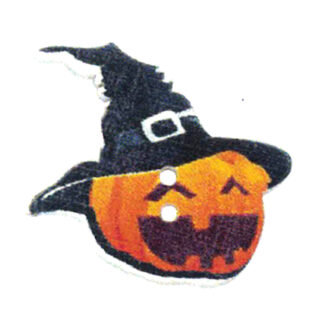 Botão Madeira Pintada - Abóbora de Halloween c/ Chapéu Preto